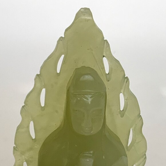 Chinese Nephrite Jade Seated Guanyin 6" Statue Hand Carved w/Pierced Leaf Halo - Picture 2 of 13